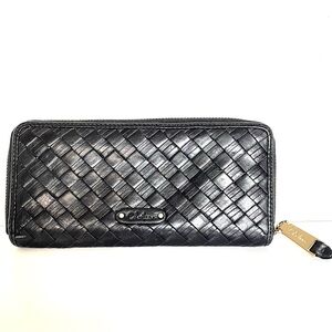 Cole Haan Genuine Leather Black Woven Full Zip Gold Tone Hardware Wallet